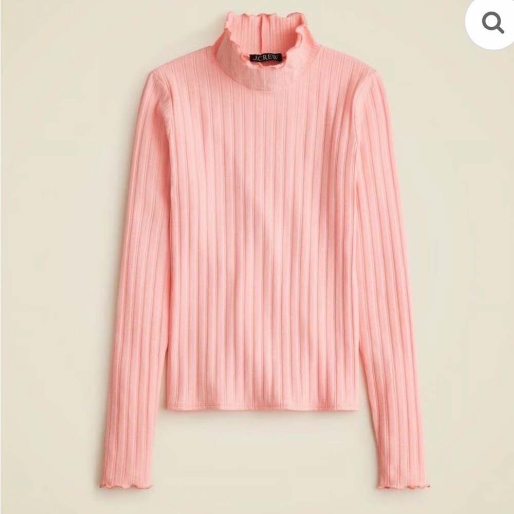 J. Crew Peach Pointelle Knit Ruffled Ribbed High Neck Long Sleeve Top